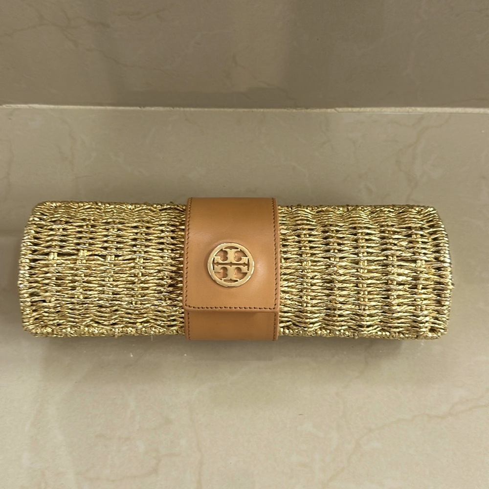 Tory Burch Raffia gold clutch